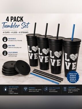 Hand Crafted Black LOVE Volleyball Tumbler Set - 4 Pack